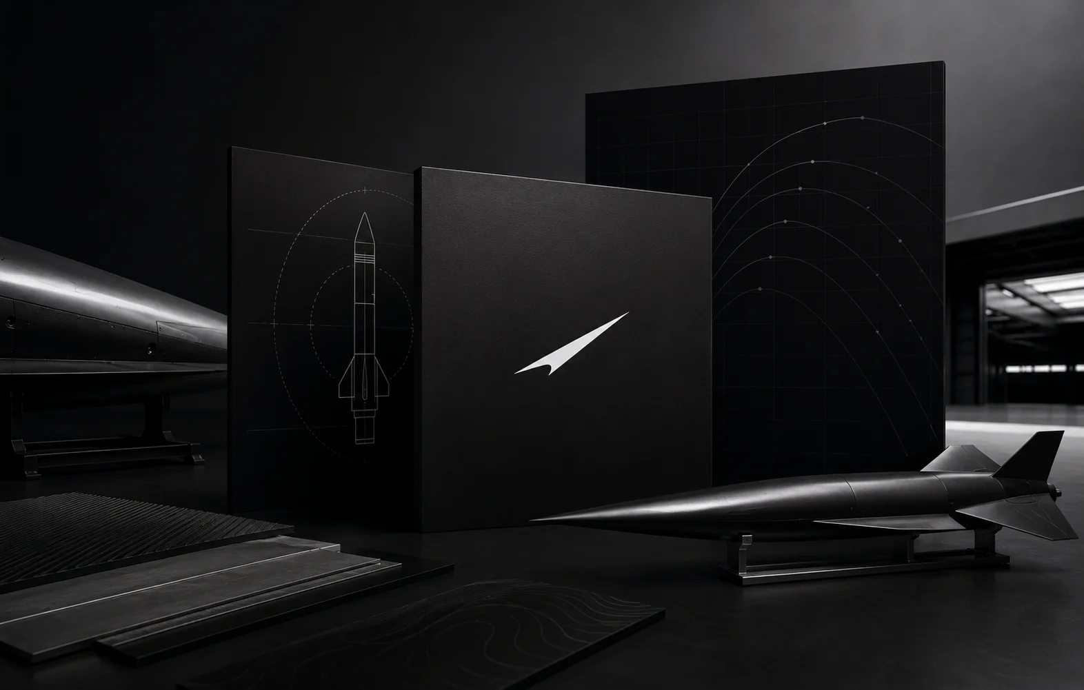 Black brand panels with the mark, a technical drawing, and ballistic arcs, staged in a dark studio beside a vehicle model