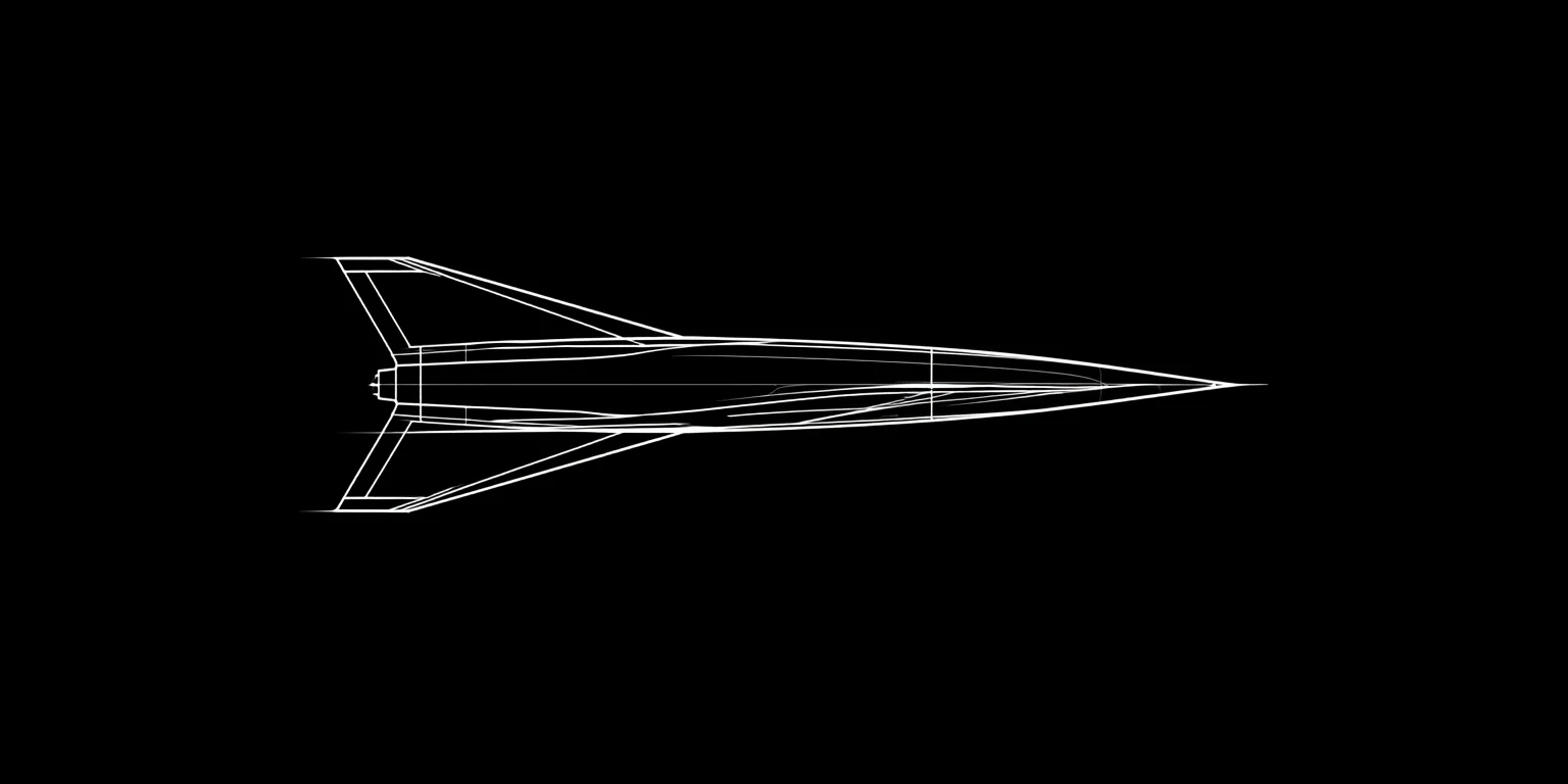 A white single-weight line drawing of an airframe on black