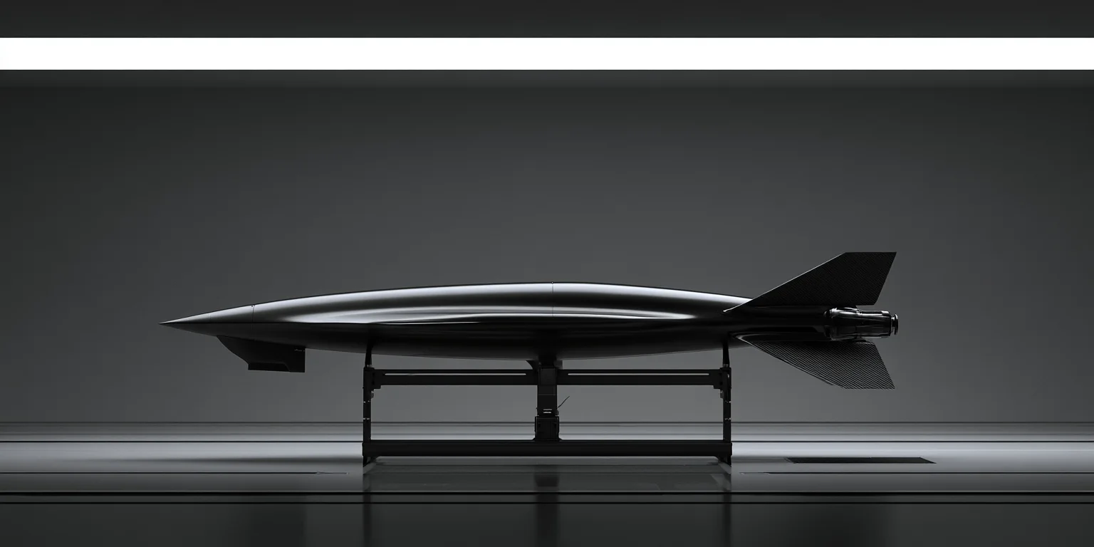 A dark vehicle prototype on a display stand under a single strip of light