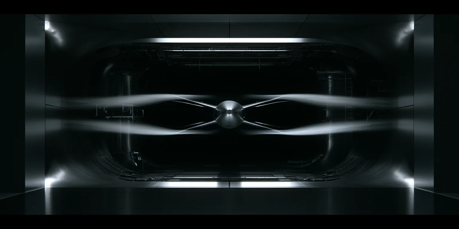 A wind-tunnel test captured in long exposure, airflow streaking around a model